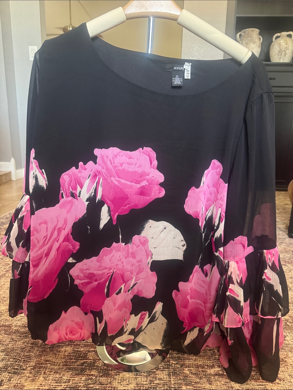 Alfani Black Blouse with Hot Pink Floral Print